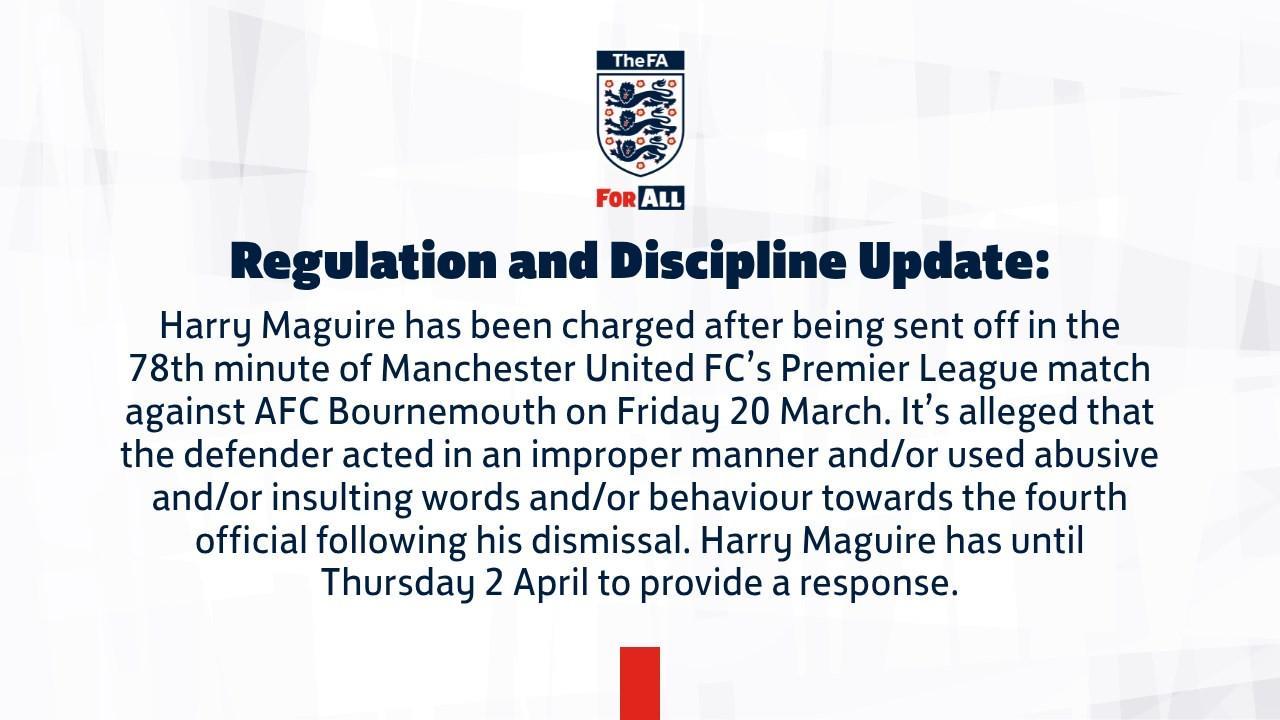 Ladbrokes-官方：因对阵樱桃染红后对四官行为不当，马奎尔被英足总指控